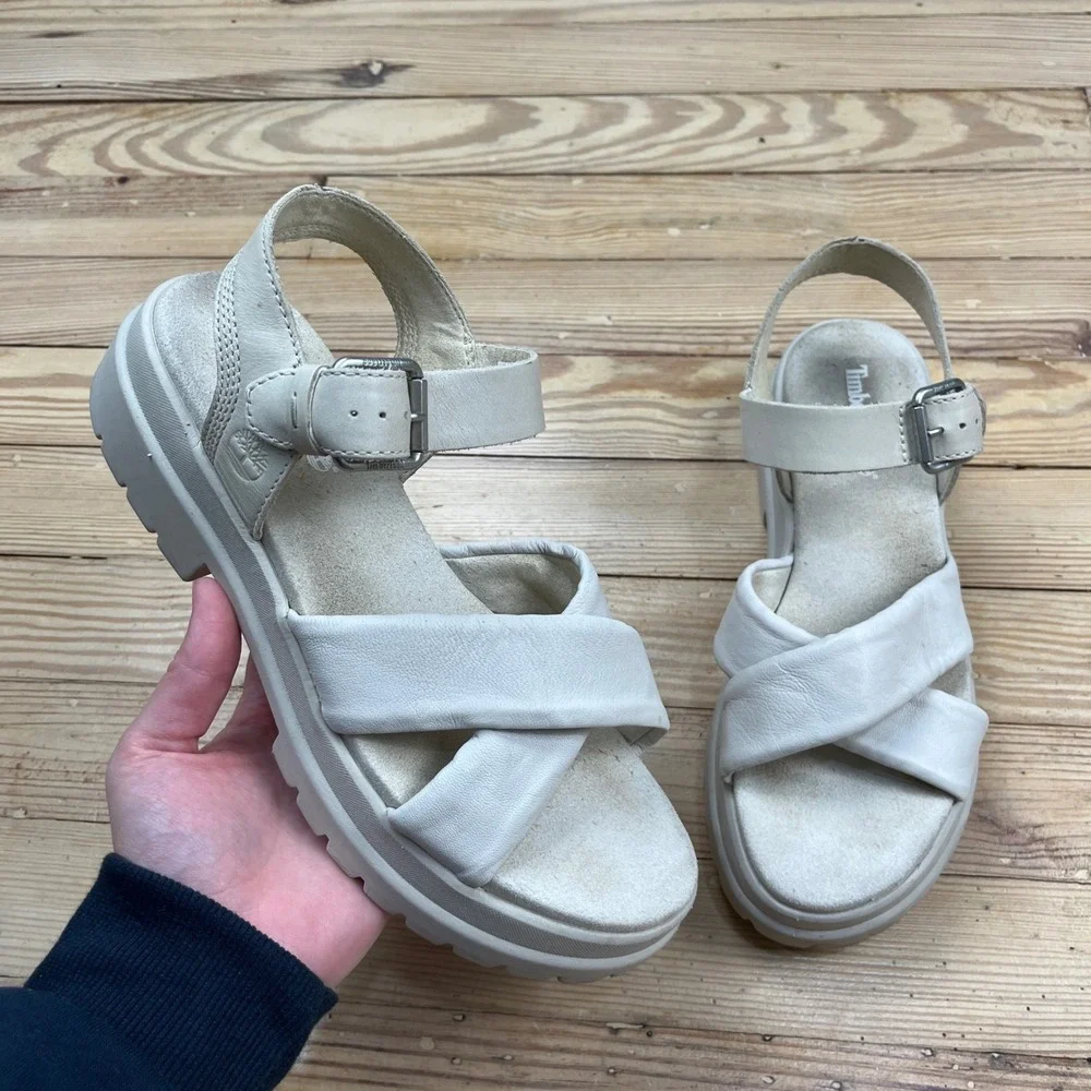 Timberland Adley Way Cross Strap Platform Sandals Bone Off-White Leather Size 8